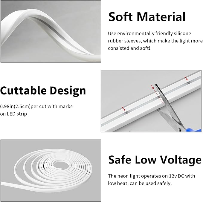 iNextStation 12V LED Strip Lights 16.4FT, Flexible Silicone Neon Rope Light, Waterproof, Cuttable, Dimmable & Linkable, for Cabinet, Ceiling, Wall, Bedroom, Kitchen (16.4FT(No Plug), White)