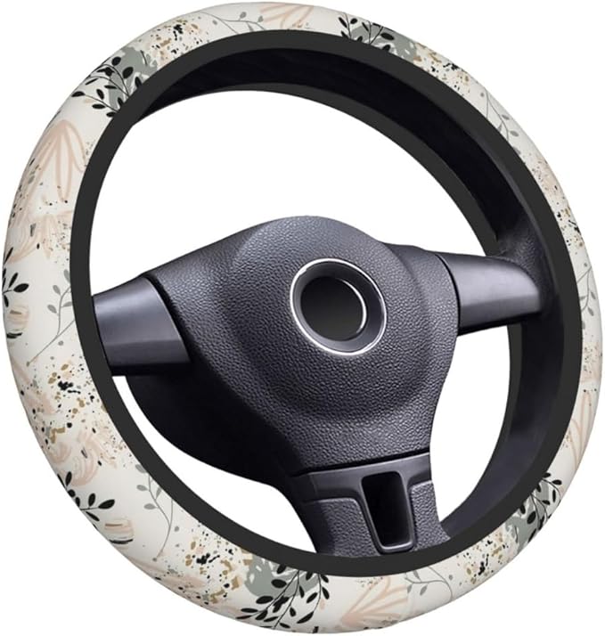 Elastic Steering Wheel Cover Car Accessories Cute Universal 15 Inch Absorbing Sweat Non-Slip Breathable for Man Woman - Boho Leaves