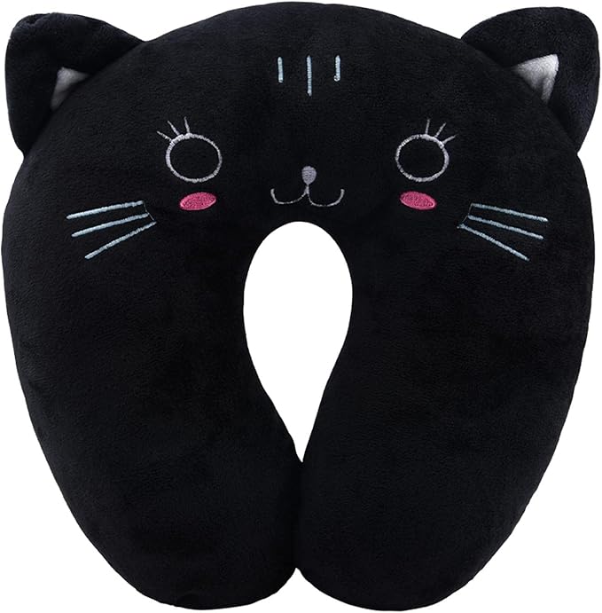 Travel Pillow for Kids, Cute Animal Neck Pillow Support U Shaped Cushion Plush Soft Rest Reading Pillows Sleeping Pillows for Airplane Train Car (Color:Black cat)