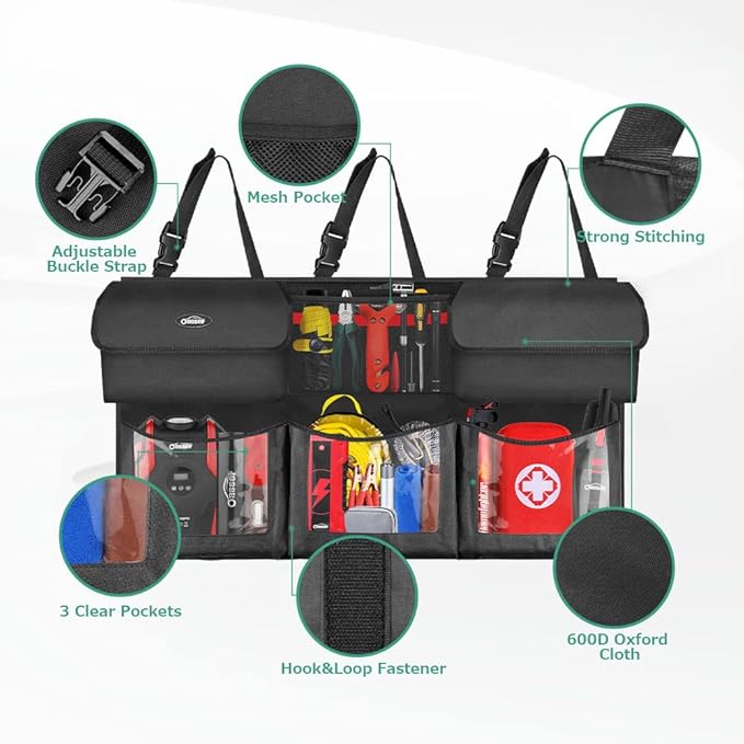 Oasser Back Seat Trunk Organizer Hanging Car Organizer Foldable Cargo Storage with 6 Large Pockets 3 Adjustable Straps 40x19inch