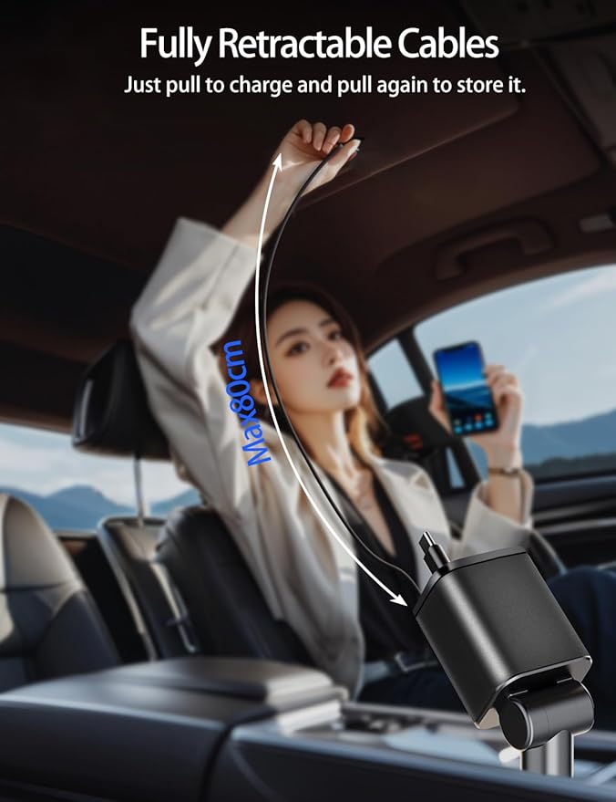 Retractable Car Charger, 4 in 1 Fast Car Charging USB c,Road Trip Essentials,Travel Essentials Gifts for Women Men, Car Accessories for iPhone 16 15 14 13 12, Samsung, Black