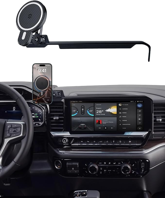 PZK Car Phone Holder for Chevy Silverado 1500/GMC Sierra 1500 2022 2023 2024 2025 2026 Accessories 13.4-Inch Screen Magnetic 15W Fast Wireless Charger Car Phone Mount with 360° Rotating Extension Rod