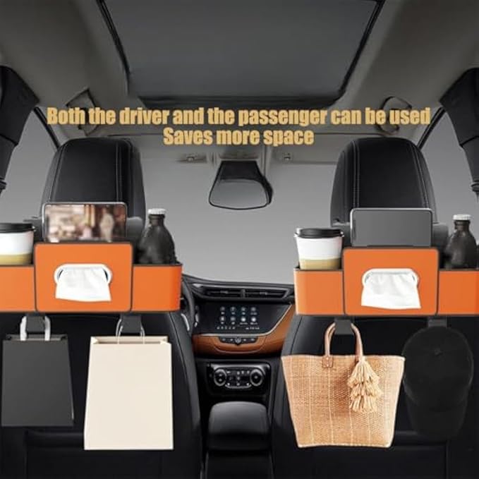 Car Organizers and Storage Box, Multifunctional Car Organizer and Storage Box Back Seat, 3-in-1 Holder Tissue Dispenser, Phone Stand for Snacks, Drinks, Bag Hook, Keep Tidy & Organized (Orange)