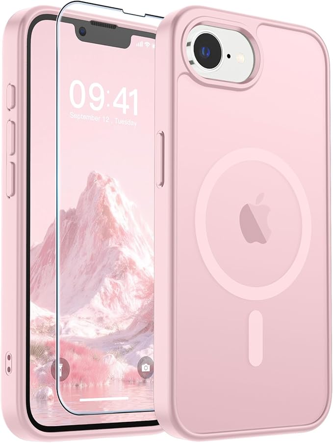 SUPFINE Magnetic for iPhone 17e Case/iPhone 16e Case with Screen Protector (Compatible with MagSafe) (Military Grade Drop Protection) Translucent Matte Shockproof Phone Cover,Light Pink