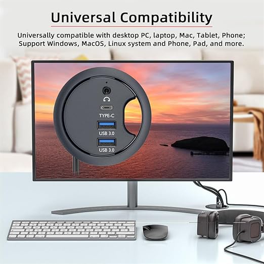 Xiwai USB 3.0 Hub Splitter, SD TF USB-C 2 Port USB Multiport Expander High Speed Type C Data Port 60mm Desk Grommet Dock Station Micro-SD Card Reader Interface for PC Desk Desktop