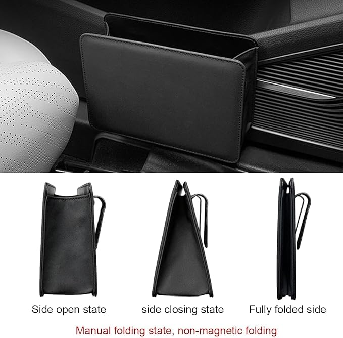 Car Trash Can, Leather Car Garbage Can with One Roll Trash Bag, Foldable Hanging Storage Container, Mini Trash Bin, Vehicle Garbage Organizer Holder for Door Side, Back Seat (Black)