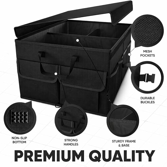 Large Car Trunk Organizer with Lid – Foldable Collapsible Storage Box, Heavy Duty, Multi-Compartment, Non-Slip Bottom, Durable Car Storage Organizer for SUV, Truck & Auto Accessories