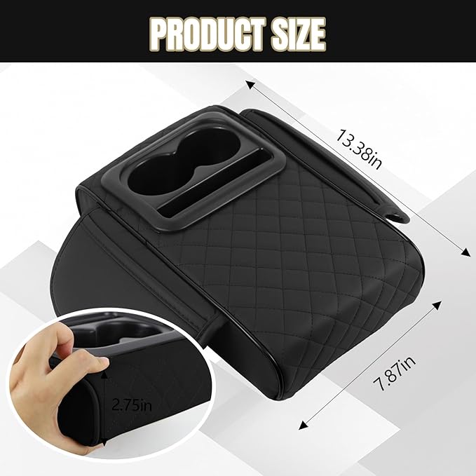 Hovom Car Center Console Cover, 13.39"×7.87"×2.76" Leather Armrest Cover for Cars, Memory Foam Armrest Pillow with Pocket, Cup Holder & Phone Slot, Universal Vehicle Arm Rest Cushion Pad (Black)