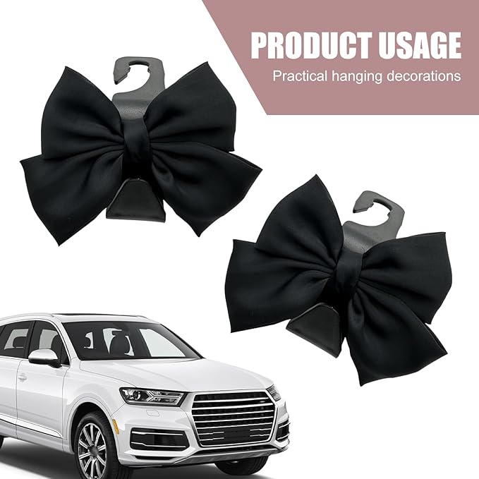 2 Pack Car Seat Headrest Hooks, Cute Bow Design Backseat Hook Storage Organizer for Purses, Handbags, Coats, Umbrellas, Cute Car Accessories for Women and Girls (Black)