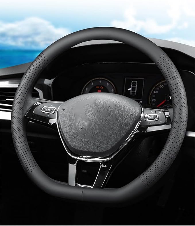 Leather car Steering Wheel Cover, Ultra-Thin, Non-Slip, for Men and Women, Round/D-Shaped, wear-Resistant in All Seasons, Universal Interior Decoration Accessories Grip Cover (Type D)