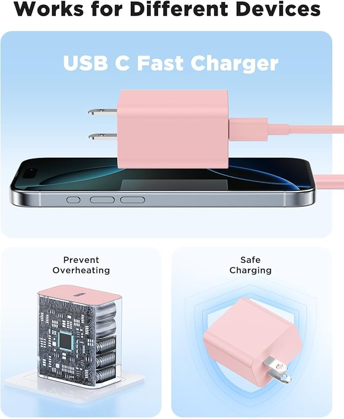45W iPhone 17 16 15 Pro Max Charger Fast Charging 6FT/10 FT/10FT, Super Fast USB C Charger Block with Extra Long Type C Charging Cable,PD Quick Adapter 3.0 for iPhone 17 air/16e 15Pro/16 15 Plus-Pink