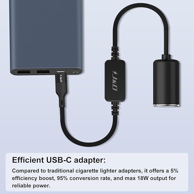 J&D USB C Male to 12V Car Cigarette Lighter Socket Female Converter Cable, 12V 18W Power Cable for Dash Cam, GPS, Car LED Light Strips, Black, 1 ft