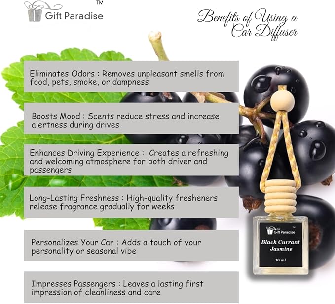 Black Currant & Jasmine Car Air Freshener with Velvet Gift Bag | Hanging Design for Multiple Spaces | Set of 3 (10 ml Each) | Elegant Floral-Fruity Scent by Gift Paradise