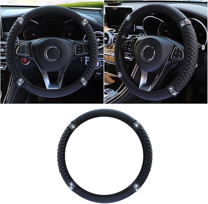 Bling Soft Leather Steering Wheel Cover, 15 Inch Colorful Rhinestones Auto Elastic Protector with Crystal Diamond for Women Girls, Car Accessories for Most Cars, SUVs (Black)