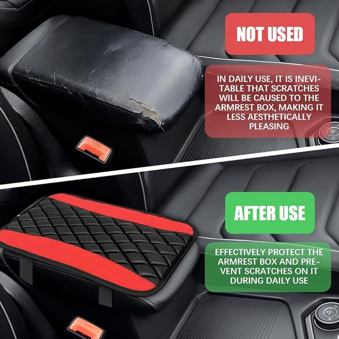 Car Center Console Cushion Pad, Arm Rest Covers, 12.6"×7.5" Leather Waterproof Auto Armrest Seat Box Protector, Auto Comfortable Center Console Cover Universal for Most Vehicles (Red)