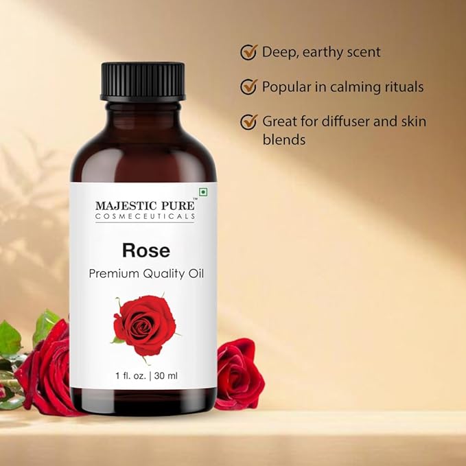 Majestic Pure Essential Oil with Glass Dropper - 100% Pure and Natural - Essential Oils for Diffuser, Aromatherapy, Soap and Candle Making, Rose Essential Oil, Rose Oil, 1 Fl Oz