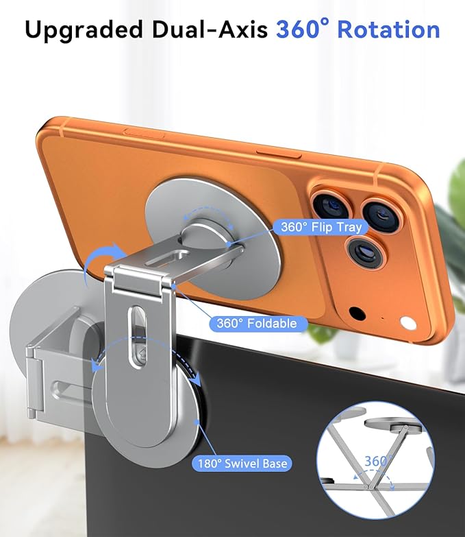 Magnetic Laptop Phone Holder, Foldable Hidden Mount Compatible with iPhone 17/16/15/14/13 & All Phone, 360° Rotating Monitor Side Phone Stand for Laptop, Tesla Model 3/Y, Desktop, Gray