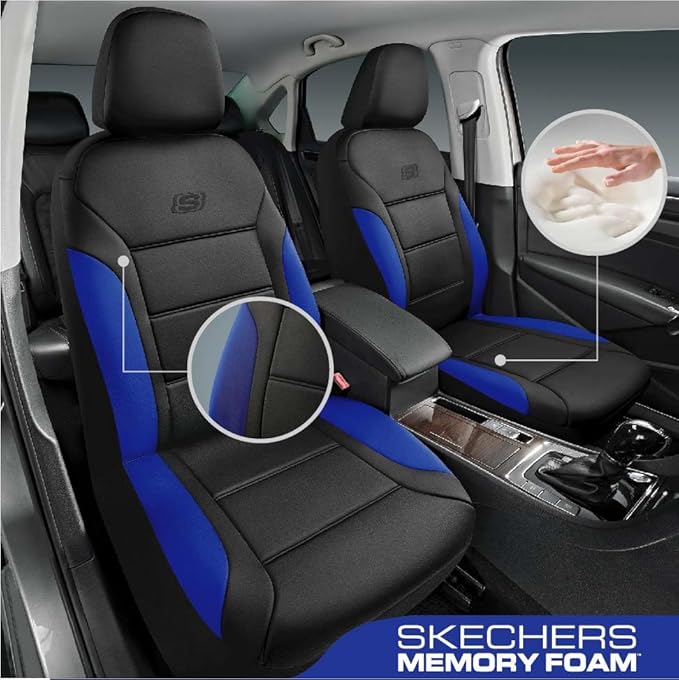 Skechers Memory Foam Car Seat Covers, Lycra Fabric Seat Covers, Car Seat Covers Front Seats Airbag Compatible, Automotive Comfort Protection for Most Cars,Trucks, SUVs,Blue