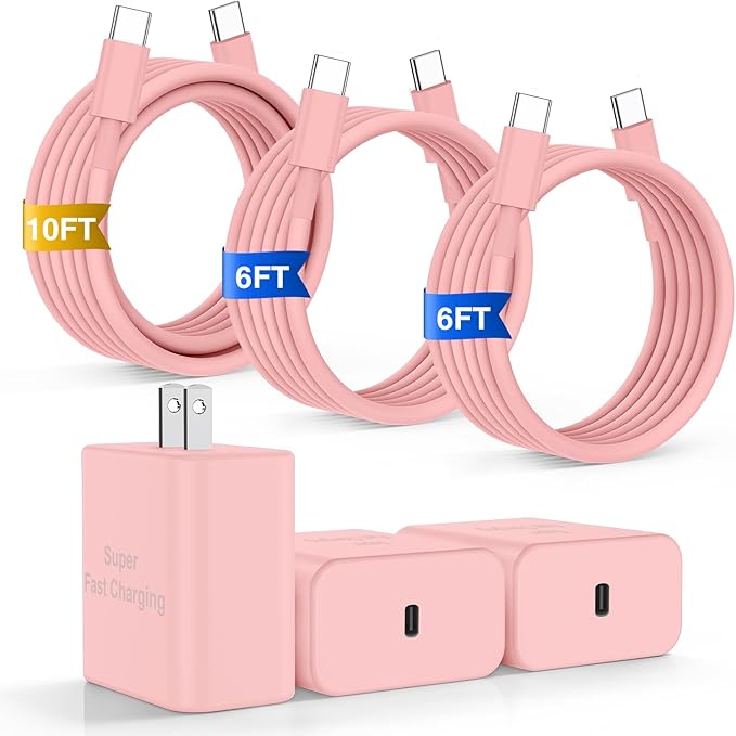 iPhone 17 16 Pro Max Charger Fast Charging, Super Fast USB C Chargers for iPhone 17(6FT+6FT+10FT) Type C Chargers Cord with Fast Charger Block for iPhone 17/16/15 Series/iPad/ GalaxyS26/S25/S24 Pink