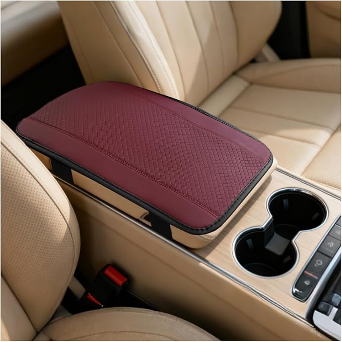 Car Center Console Cover, PU Leather Vehicle Armrest Seat Box Cover Protector, Comfortable Automotive Interior Arm Rest Cushion Pad Accessories, Universal for SUV Sedan Truck (Wine Red)
