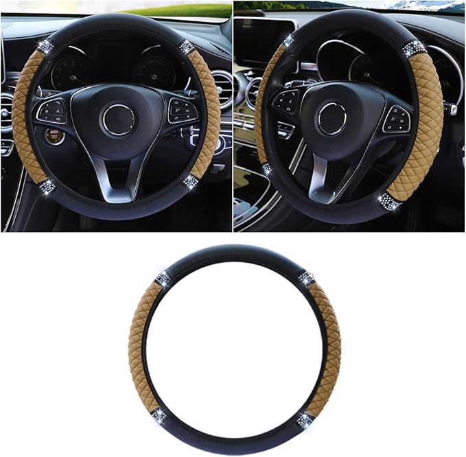 Bling Soft Leather Steering Wheel Cover, 15 Inch Colorful Rhinestones Auto Elastic Protector with Crystal Diamond for Women Girls, Car Accessories for Most Cars, SUVs (Beige)