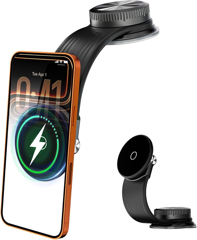 CloudValley Magnetic Car Mount with 15W Fast Charging, 360° Adjustable Bendable Aluminum Arm, Dashboard & Windshield Wireless Charger Phone Holder with Upgraded Silicone Adhesive Pad for iPhone