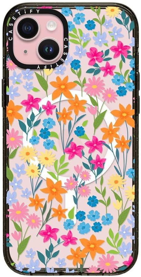 CASETiFY Impact iPhone 15 Plus Case [4X Military Grade Drop Tested / 8.2ft Drop Protection/Compatible with Magsafe] - Flower Prints - Bright Spring Flowers - Clear Black