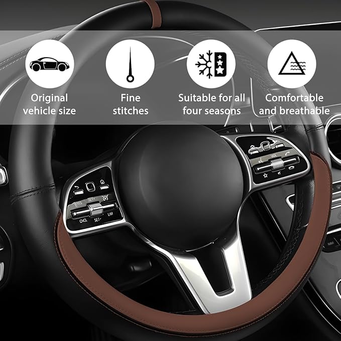 Car Steering Wheel Cover, 15 Inch Leather Anti-Slip Breathable Vehicle Steering Wheel Protector, Automotive Interior Protection Accessories, Universal for SUV Sedan Truck (Black/Coffee)