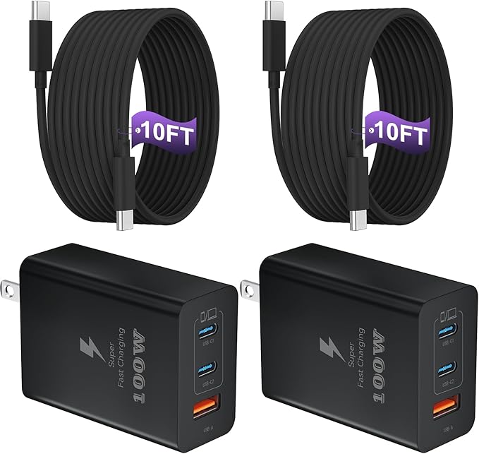 USB C Super Fast Phone Charger 100W, 65W GaN Type C Charger Fast Charging Block with 10ft USB C Charging Cable for Samsung Galaxy S26 Ultra/S26/S26+,MacBook Pro/Air,iPhone/iPad Pro[2 Pack]-Black
