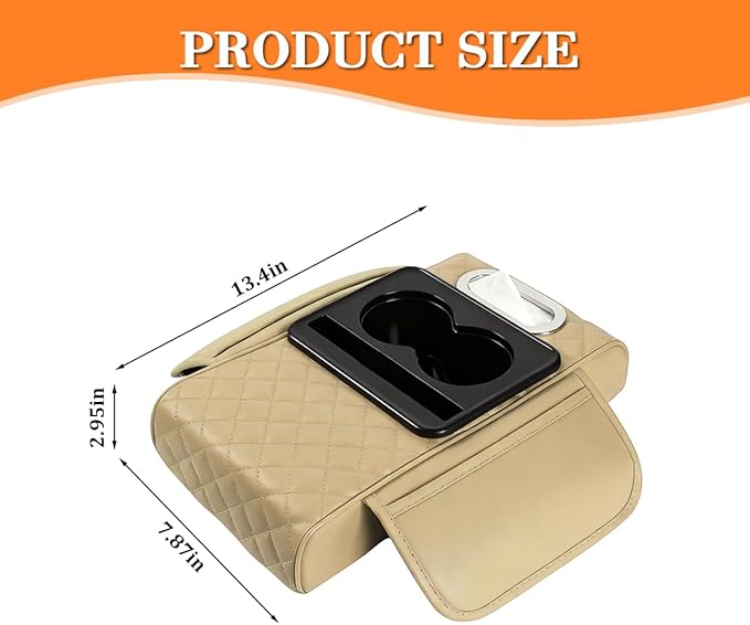 Car Armrest Cushion, 5-in-1 Nappa Leather Vehicle Centre Console Cover with 2 Storage Pockets, Cup Phone & Phone Holder, Multifunctional Auto Organiser Accessories, Universal Fit (Beige)