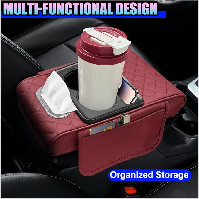 Leather Car Center Console Cover, Universal Automotive Armrest Booster Cushion, Vehicle Middle Console Organizer with 2 Cup Holders, Side Storage Bag, Tissue Box & Phone Slot(Burgundy)