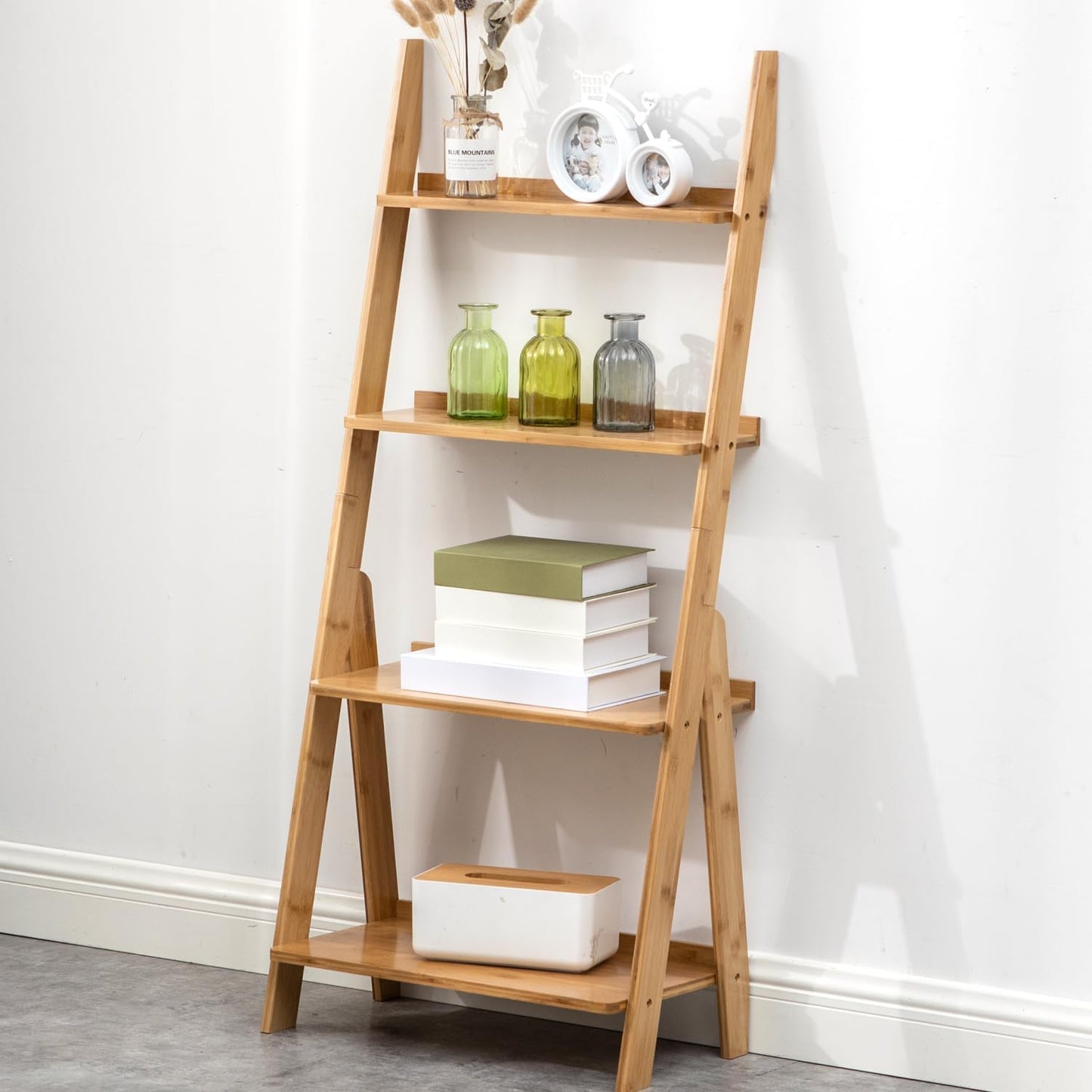 Maydear Bamboo Ladder Shelf Bookcase, 4-Tier Leaning Bookshelf Free Standing Organizer Storage Shelves for Living Room, Bedroom, Kitchen, Home Office, Balcony, Wood Color
