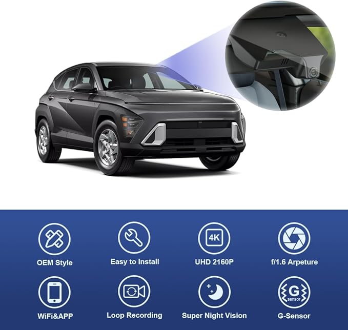 Fitcamx 4K Dash Cam Suitable for Hyundai Kona 2023 2024 2025 & Kona Electric (Part No#BE010) with Auto-Dimming, OEM Look, 2160P UHD Video, WiFi & APP, Loop Recording, G-Sensor, Plug & Play, 64GB Card