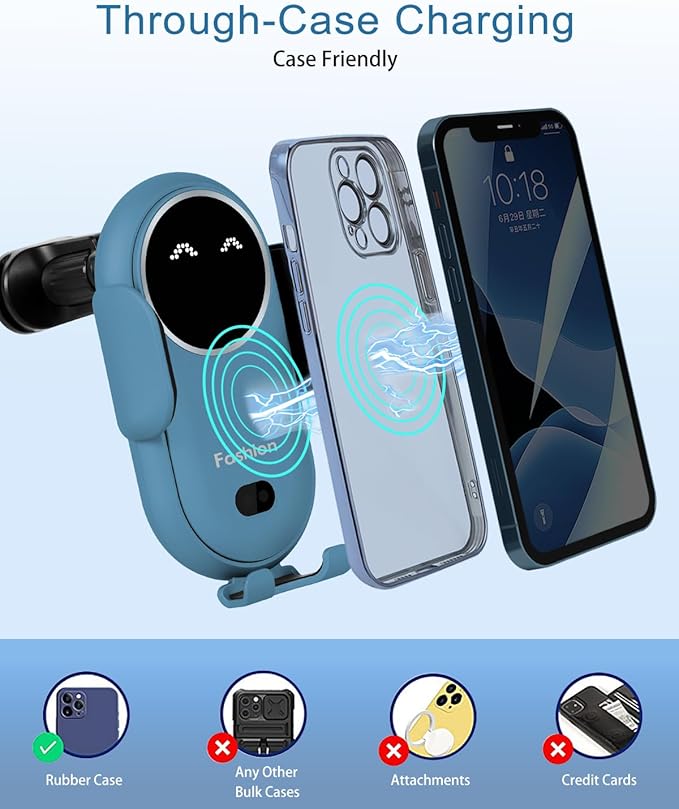 Wireless Car Charger, Phone Mount for Car Wireless Charger Smart Sensor Air Vent, Automatic Clamping Phone Holder Compatible with iPhone 14/13/12/11//XS/XR/8, Samsung S22/S21/S20/Note 20, etc Sea Blue