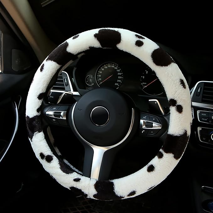 ALEMODR Plush Cow Print Steering Wheel Cover Fluffy Winter Warm Universal 15 inch for Women Girls