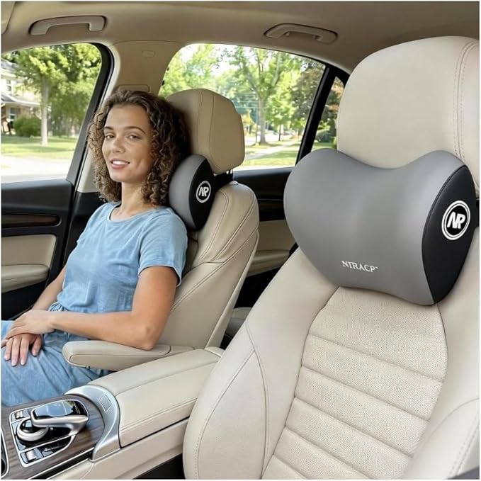Car Neck Pillow & Headrest Support for Driving - Memory Foam Neck Support Pillow with Adjustable Strap & Removable Cover, Office Chair, Travel Essentials - 2 Pack (Grey)