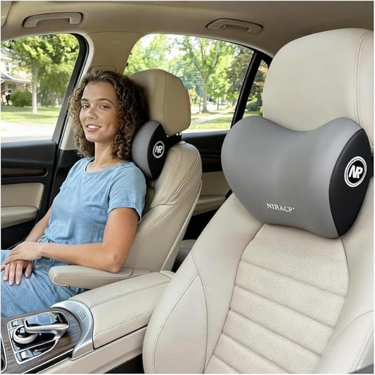 Car Neck Pillow & Headrest Support for Driving - Memory Foam Neck Support Pillow with Adjustable Strap & Removable Cover, Office Chair, Travel Essentials - 2 Pack (Grey)