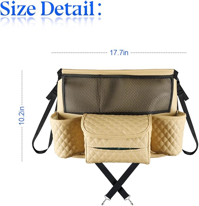 zipelo Car Handbag Holder Between Seats, PU Leather Multi-Pocket Large Capacity Purse Holder, Auto Net Bag Barrier of Backseat Pet Kids, Car Seat Organizers and Storage for Cargo Tissue Cup (Beige)