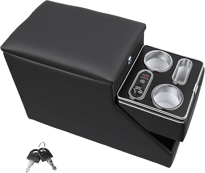 Vehicle Center Console Organizer with 7-Color Ambient Light - Lockable Floor Storage & Dual Cup Holders, Fits Minivans, SUVs & Vans 10.24 inch Wide