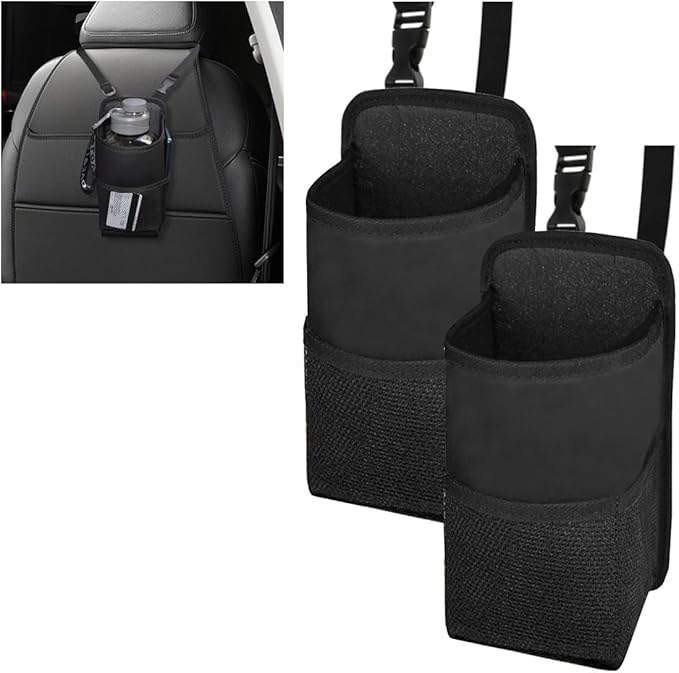 2-in-1 Large Cup Holder, 80 oz Multifunctional Car Seat Side Organizer, Hanging Water Bottle Holder Bag, Car Stuff Holder with Mesh Pocket for Phone & Drink, Suitable for Car SUV Truck (2 PCS)
