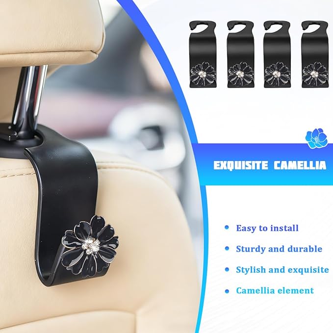 4PCS Bling Car Seat Headrest Hooks, Crystal Rhinestone Flower Vehicle Back Seat Hanger Holder Hook, Automotive Interior Hanging Storage Accessories for Purse Coats Bag, Universal Fit (Black)