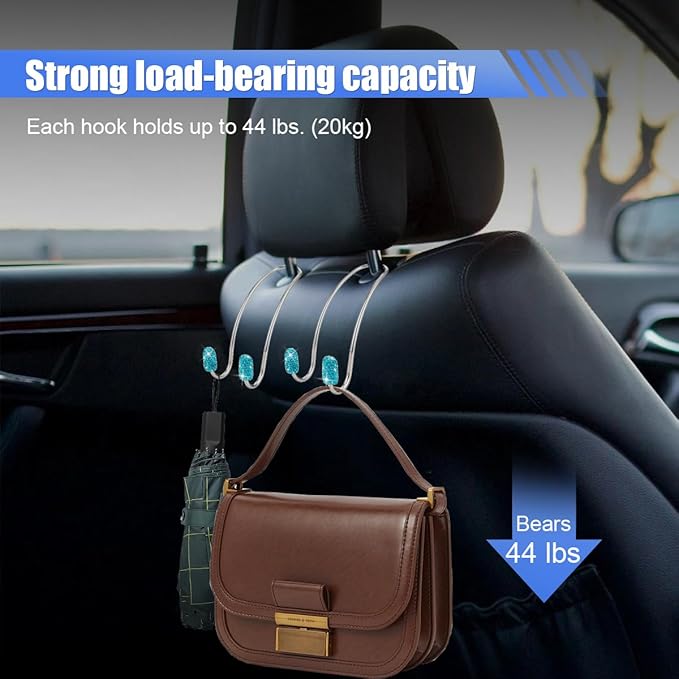 2PCS Car Headrest Hook Hangers, Bling Stainless Steel Car Backseat Holder, Strong Car Headrest Storage Hooks, Universal Car Organizers Accessories for Coats Umbrellas Grocery Handbags (Blue)