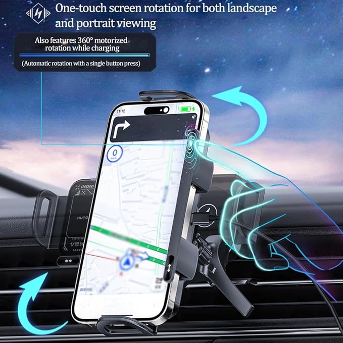 Wireless Charging Rotating Car Mount,Smart 2-in-1 Auto-Rotating Car Phone Holder & Wireless Charger,Foldable with 15W Fast Charging,Compatible with iPhone & Samsung Devices & Smartphone & Pad (Black)