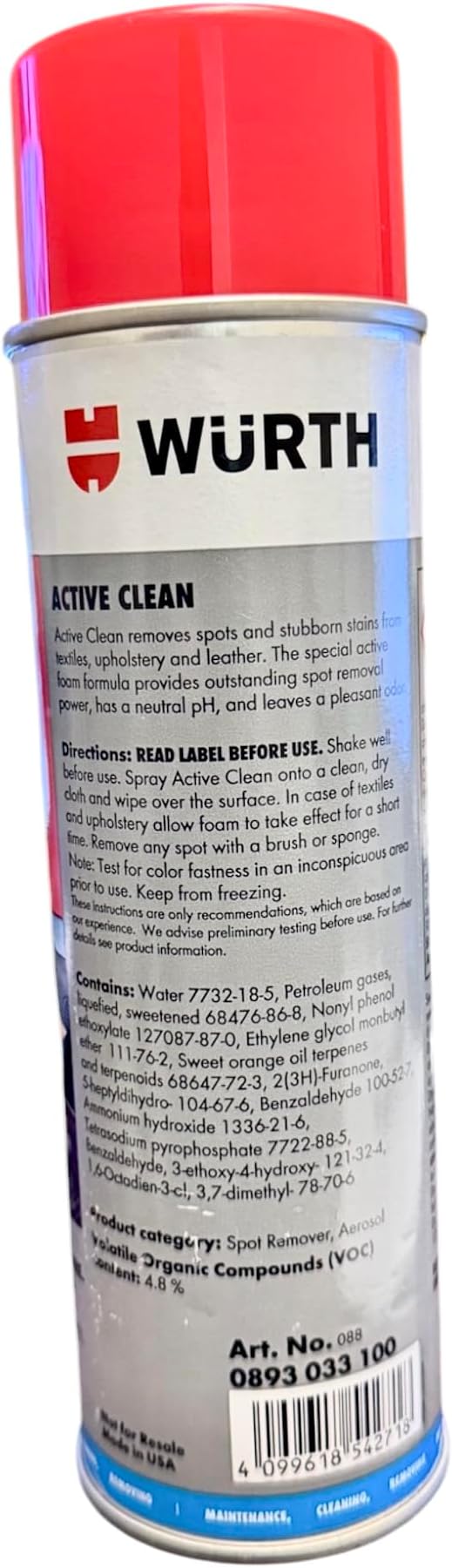 AquaNation Listing For Wurth ACTIVE CLEAN 500g Aerosol – Powerful Spot and Stain Remover for Upholstery, Carpets, Textiles, and Leather with Fresh Fruit Scent