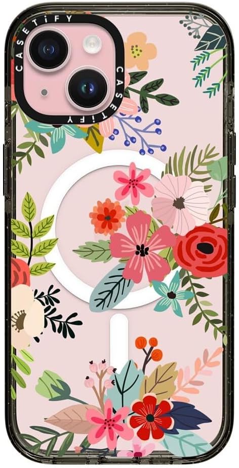 CASETiFY Impact iPhone 15 Case [Slim/Compatible with Magsafe / 8.2 ft. 4X Military Grade Drop Protection] - Floral Collage - Clear Black