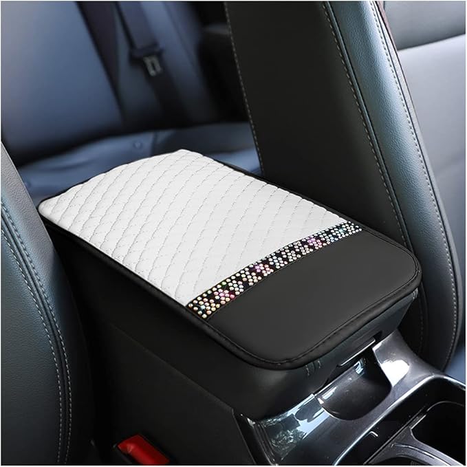 Bling Leather Car Center Console Cover, Car Center Console Protector With Glossy Crystal Rhinestone, Universal Waterproof Car Armrest Seat Box Cover For Most Car, Vehicles, SUVs, Trucks (White)