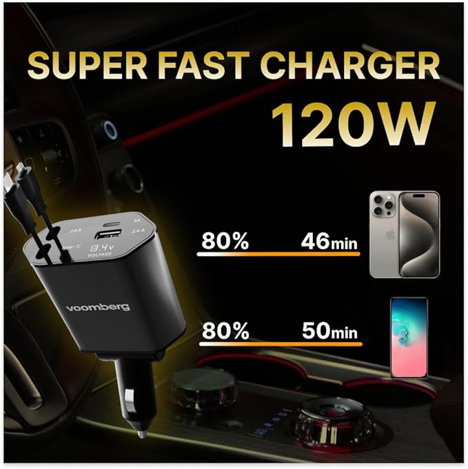 Retractable Fast Car Charger 100W for CarPlay, 4-in-1 Car Charger Adapter with 31.5" Built-in Cables & Dual USB Ports, Compatible with iPhone 11, 12,13,14,15,16,17 & Samsung Devices, Tablets and More