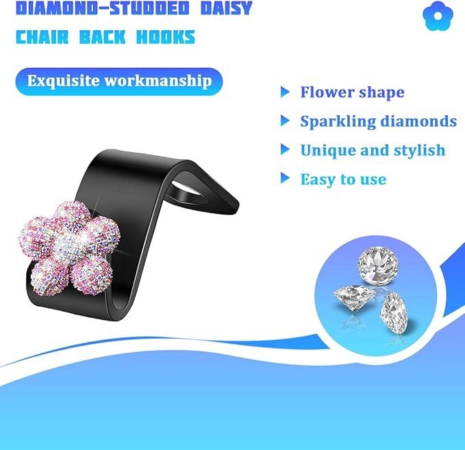 Bling Car Seat Headrest Hook, 4PCS Daisy Crystal Rhinestone Vehicle Backseat Hanger Hook for Purses Bags, Auto Headrest Storage Organizer Decorations, Universal Fit (Multicolour Pink)