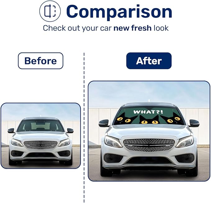 GENANY Cute What Cat Funny Windshield Sun Shade for Car SUV Truck (55x30 Inches), Sun Shade Windshield for Windows, Protector Blocks UV, Spring Car Decor