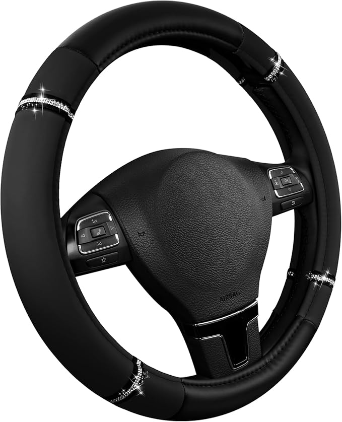 Road Comfort Leather Steering Wheel Cover – Premium Anti-Slip Car Steering Wheel Grip Cover – Universal Fit for 14.5”–15.5” Cars, Trucks & SUVs - Black